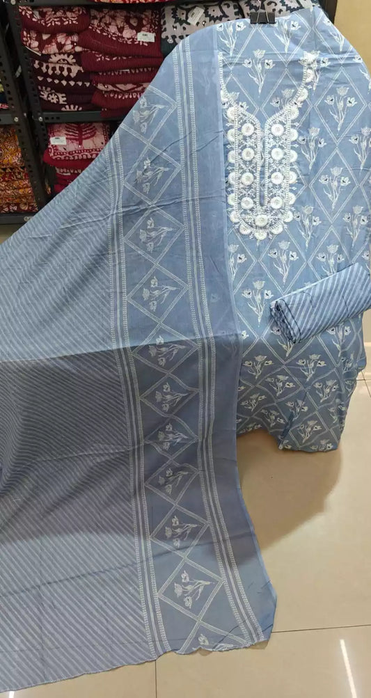 Unstitched Suit with Neck Embroidery & Cotton Dupatta