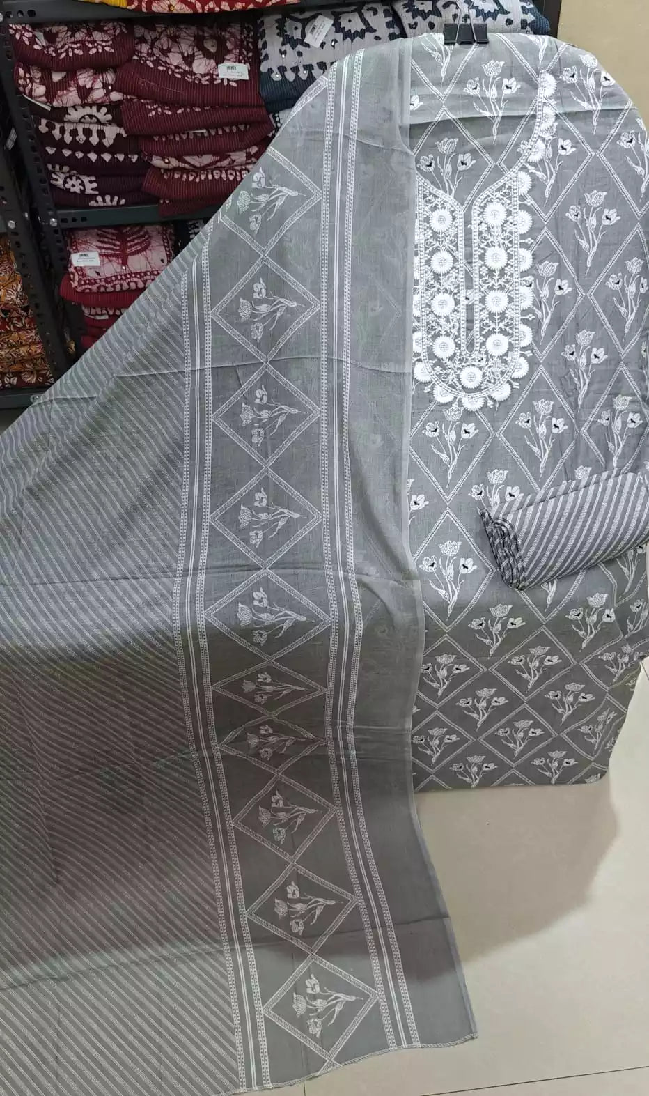 Unstitched Suit with Neck Embroidery & Cotton Dupatta