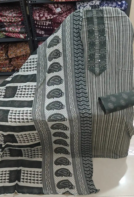 Unstitched Suit with Neck Embroidery & Cotton Dupatta