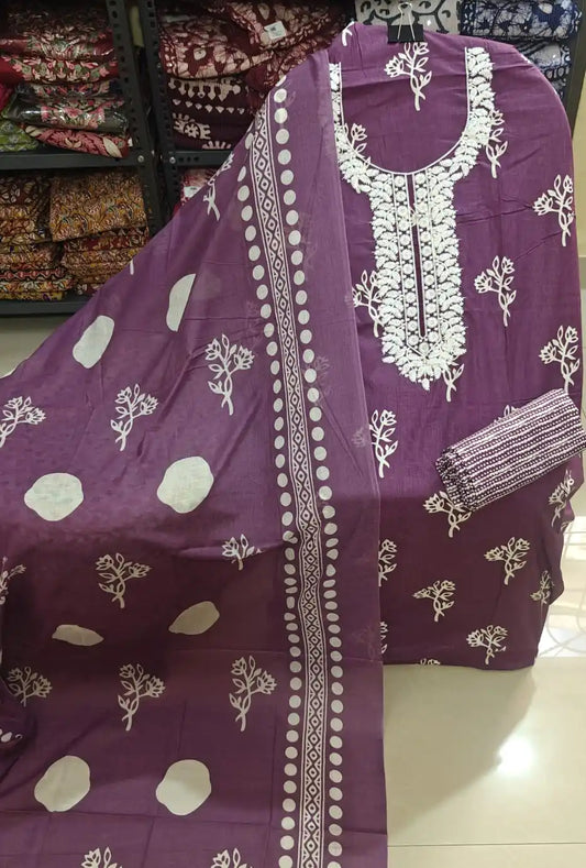 Unstitched Suit with Neck Embroidery & Cotton Dupatta