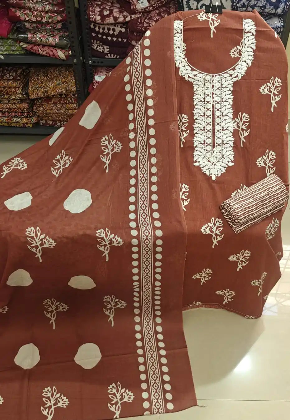 Unstitched Suit with Neck Embroidery & Cotton Dupatta