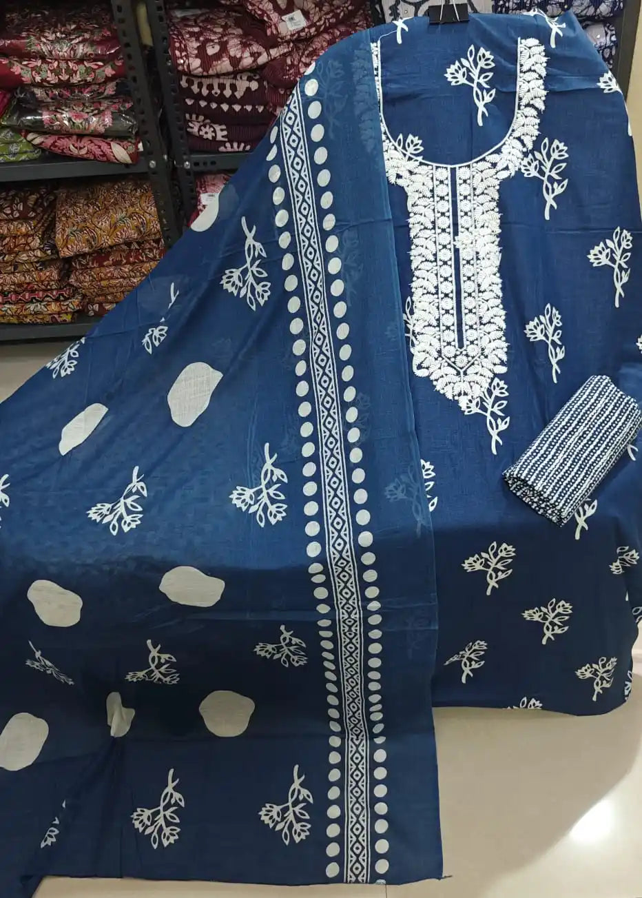 Unstitched Suit with Neck Embroidery & Cotton Dupatta