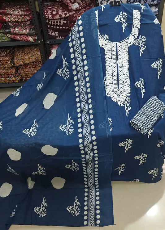 Unstitched Suit with Neck Embroidery & Cotton Dupatta