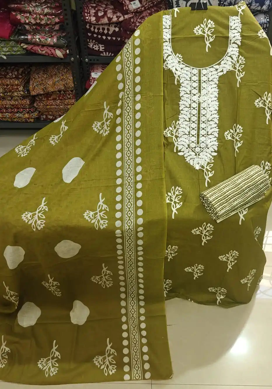 Unstitched Suit with Neck Embroidery & Cotton Dupatta