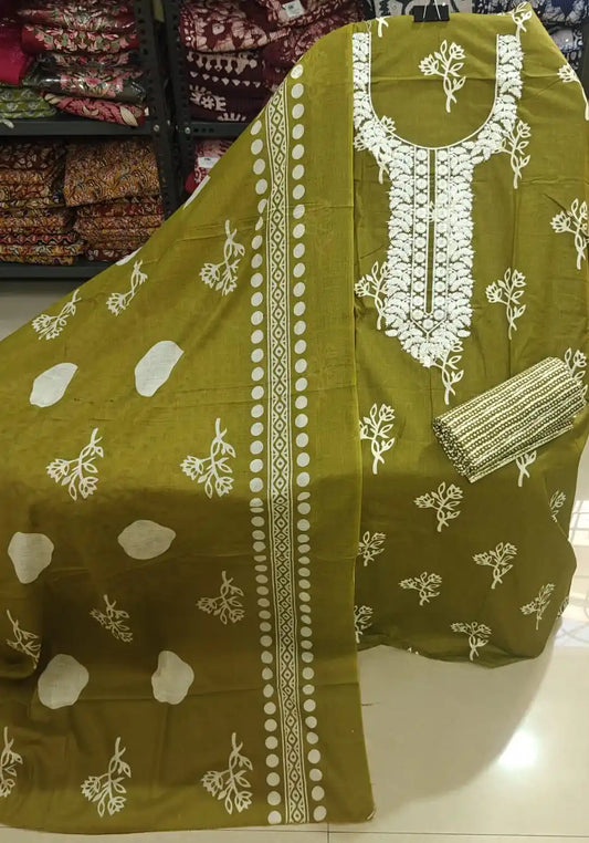 Unstitched Suit with Neck Embroidery & Cotton Dupatta