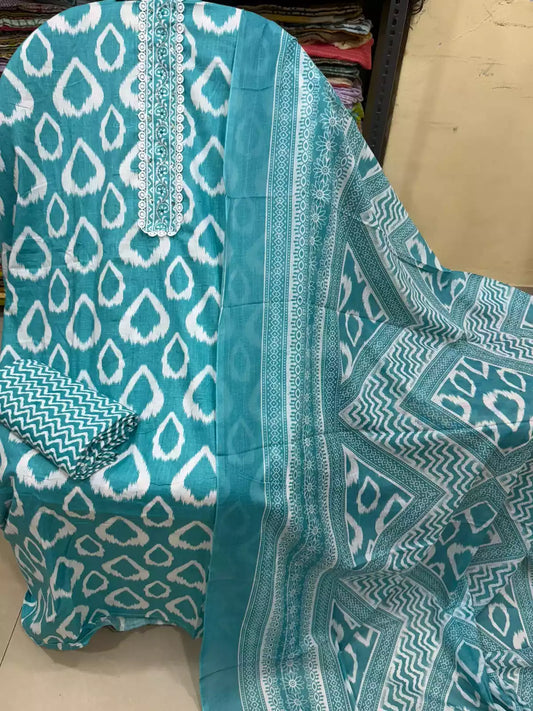 Unstitched Suit with Neck Embroidery & Cotton Dupatta