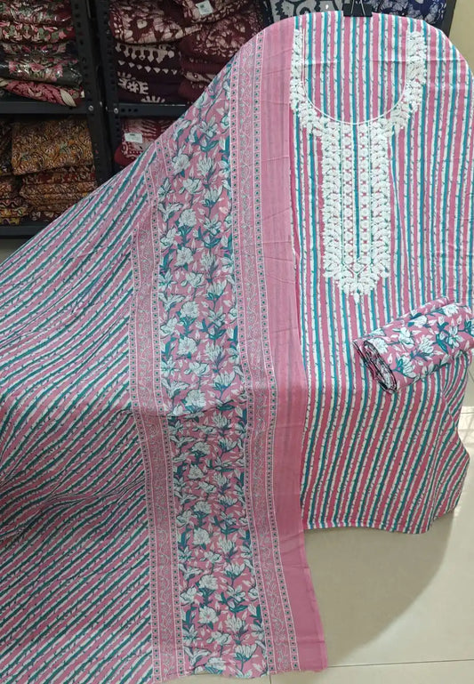 Unstitched Suit with Neck Embroidery & Cotton Dupatta