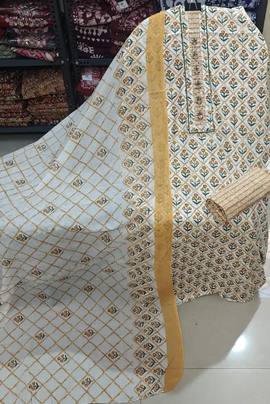 Unstitched Suit with Neck Embroidery & Cotton Dupatta