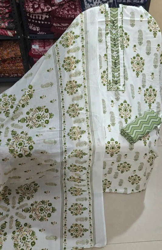 Unstitched Suit with Neck Embroidery & Cotton Dupatta