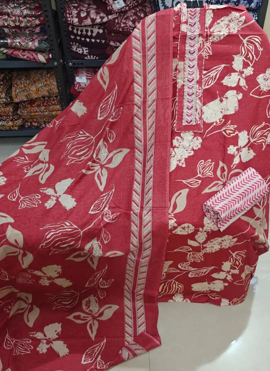 Unstitched Suit with Neck Embroidery & Cotton Dupatta