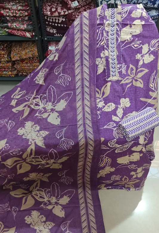 Unstitched Suit with Neck Embroidery & Cotton Dupatta