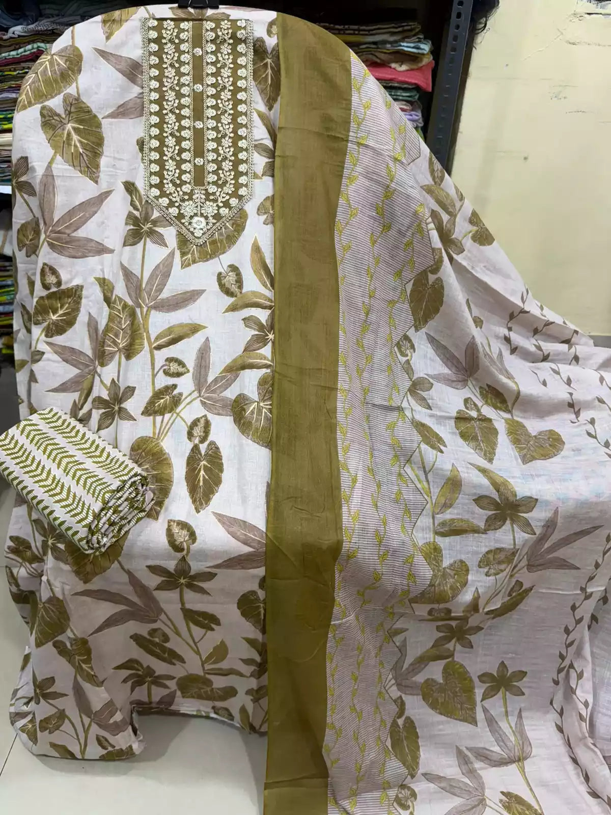 Unstitched Suit with Neck Embroidery & Cotton Dupatta