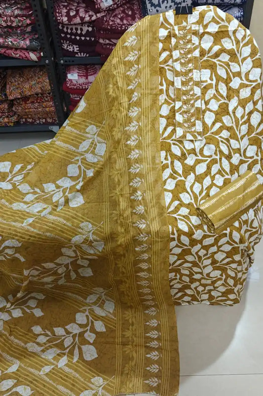 Unstitched Suit with Neck Embroidery & Cotton Dupatta