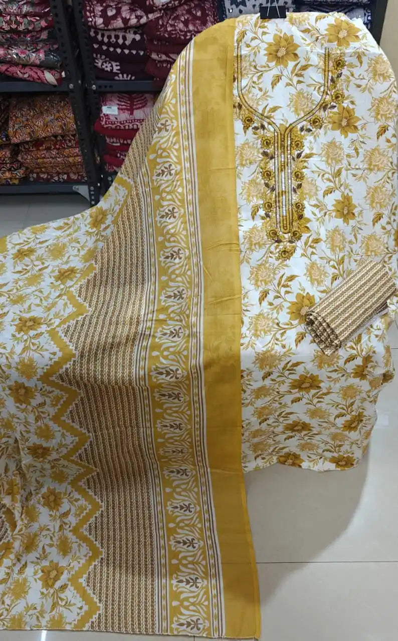 Unstitched Suit with Neck Embroidery & Cotton Dupatta