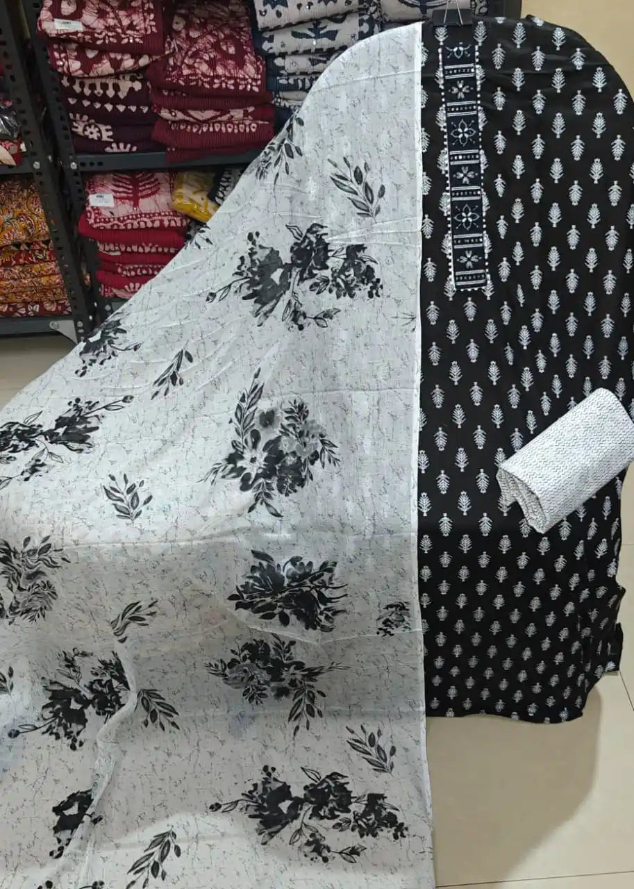 Unstitched Suit with Neck Embroidery & Cotton Dupatta