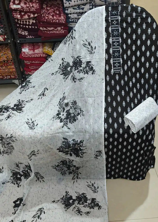 Unstitched Suit with Neck Embroidery & Cotton Dupatta