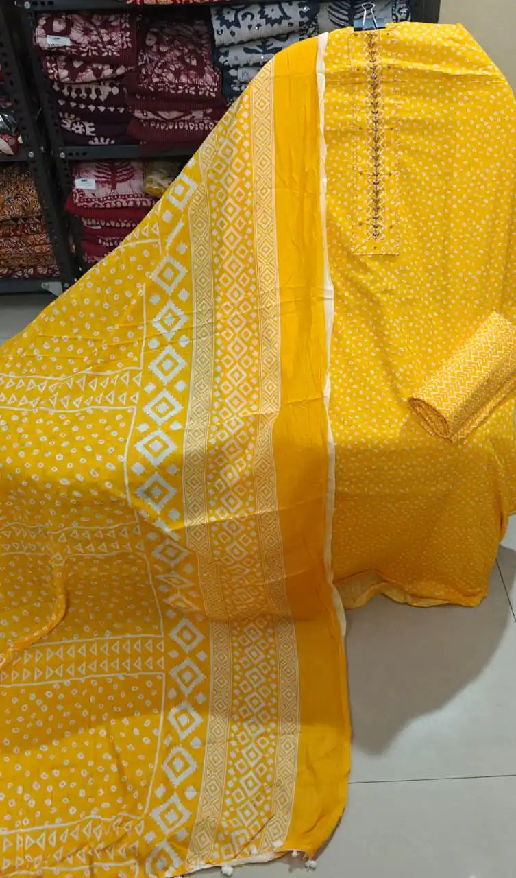 Unstitched Suit with Neck Embroidery & Cotton Dupatta