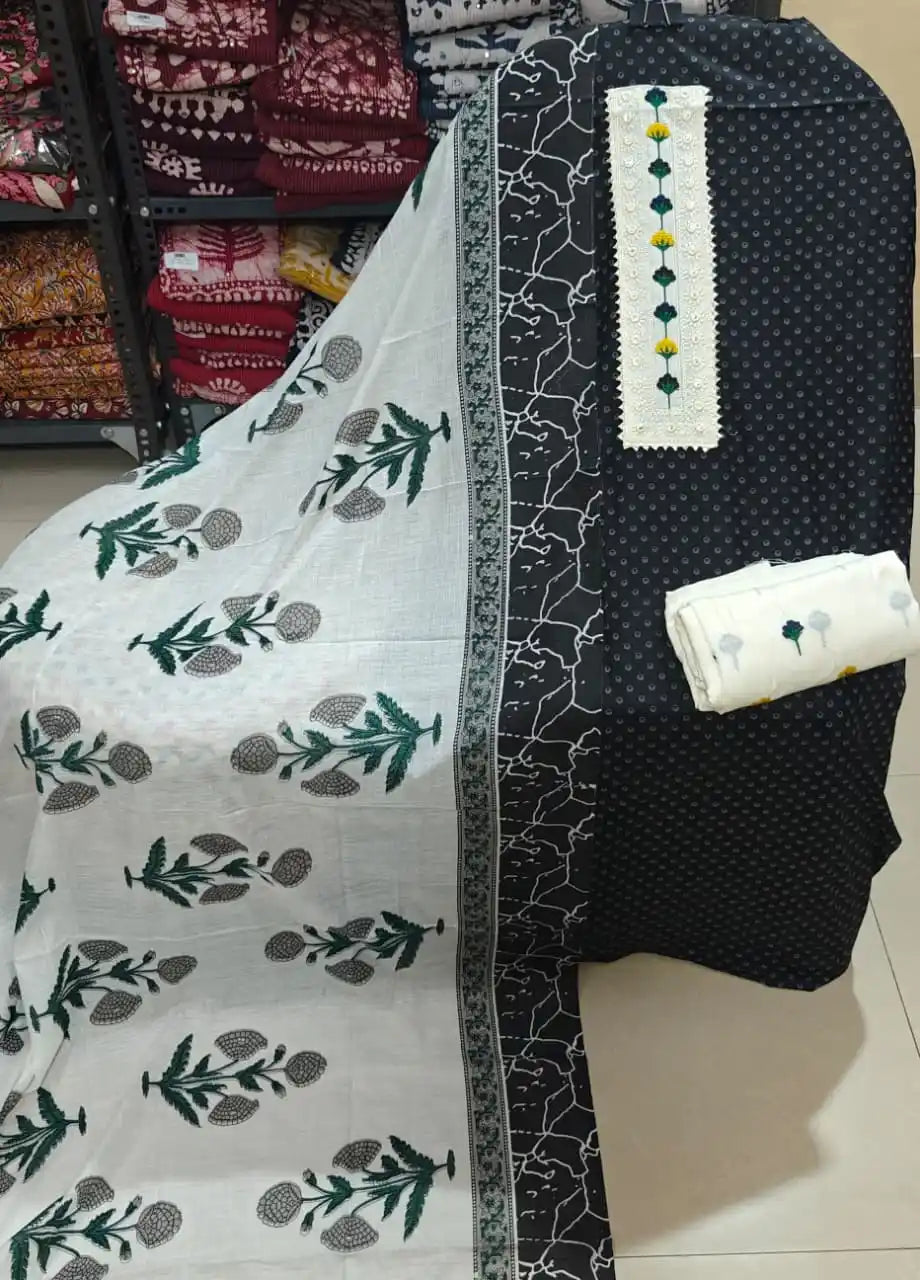 Unstitched Suit with Neck Embroidery & Cotton Dupatta
