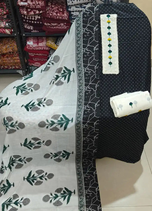 Unstitched Suit with Neck Embroidery & Cotton Dupatta