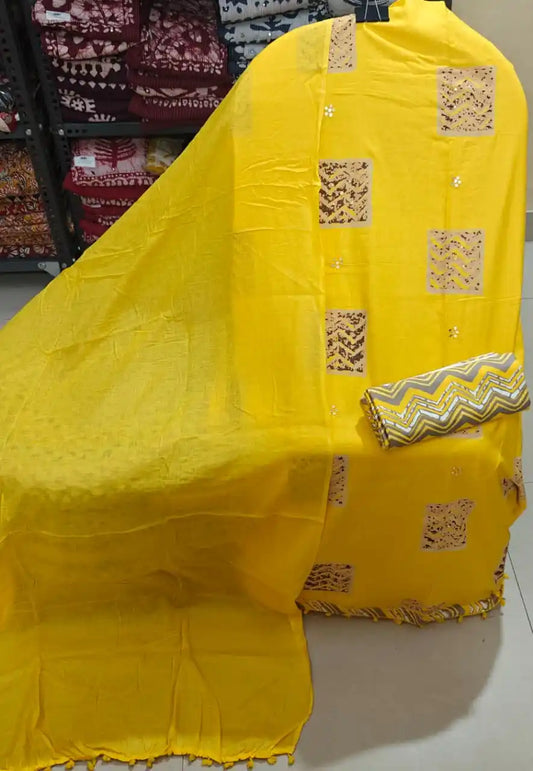 Unstitched Suit with Neck Embroidery & Cotton Dupatta