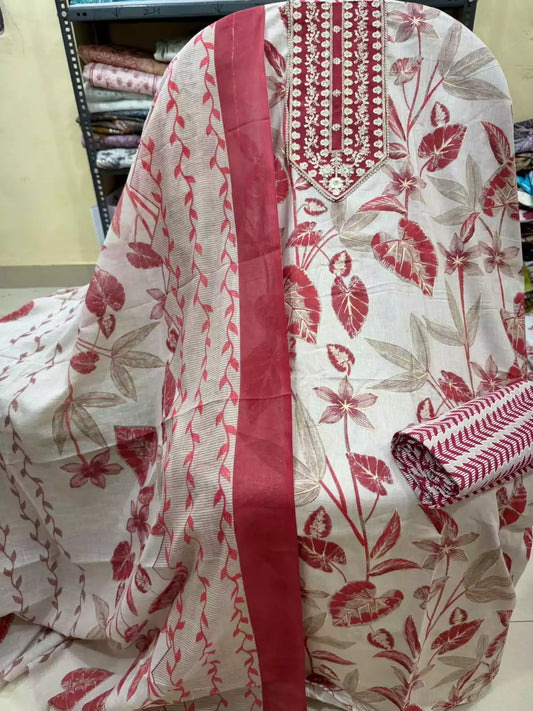 Unstitched Suit with Neck Embroidery & Cotton Dupatta
