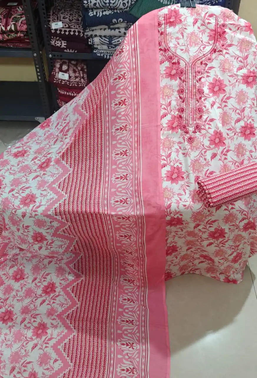 Blush Pink Floral Blossom Unstitched Dress Material with Embroidered Neckline
