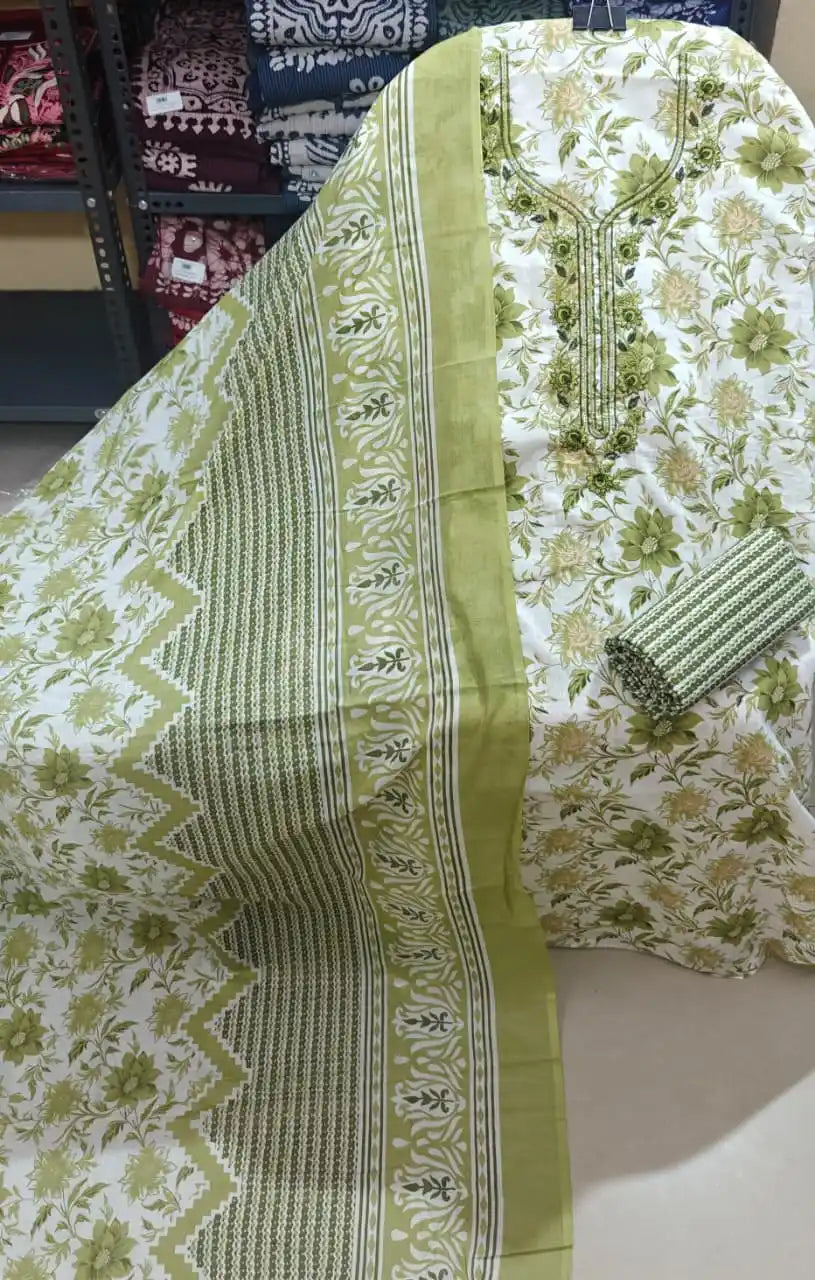 Sage Green Floral Motif Unstitched Dress Material with Intricate Neck Embroidery