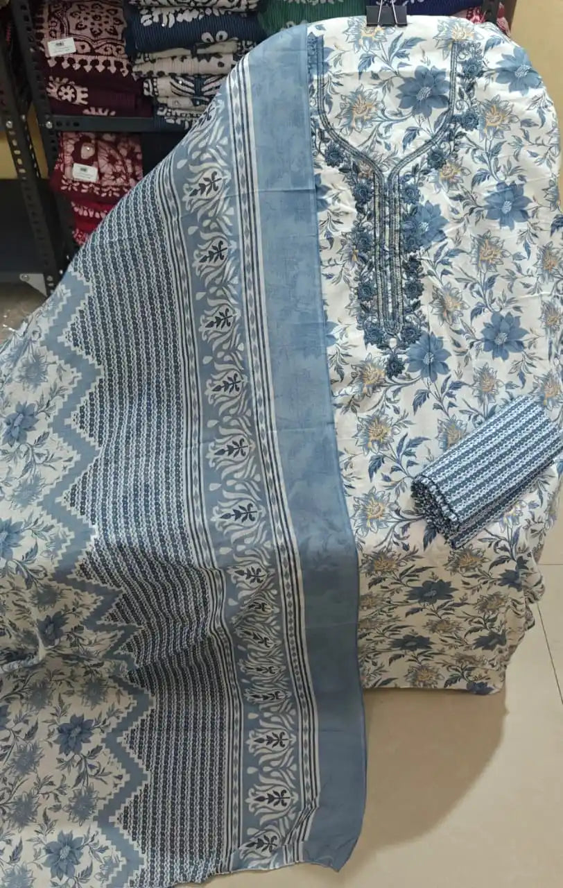Steel Blue Cotton Unstitched Suit Material with Floral Pattern & Printed Dupatta