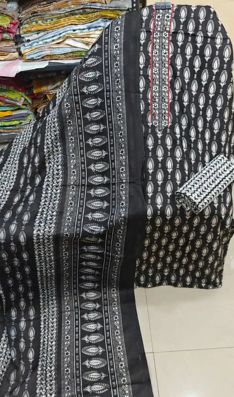 Classic Black & White Paisley Leaf Print Unstitched Suit with Embroidered Neck
