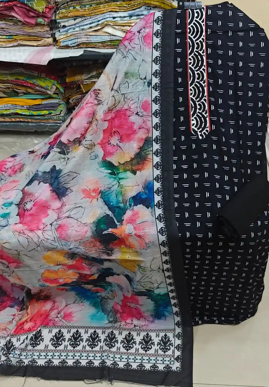 Black Geometric Dashed Print Unstitched Suit with Vibrant Floral Dupatta