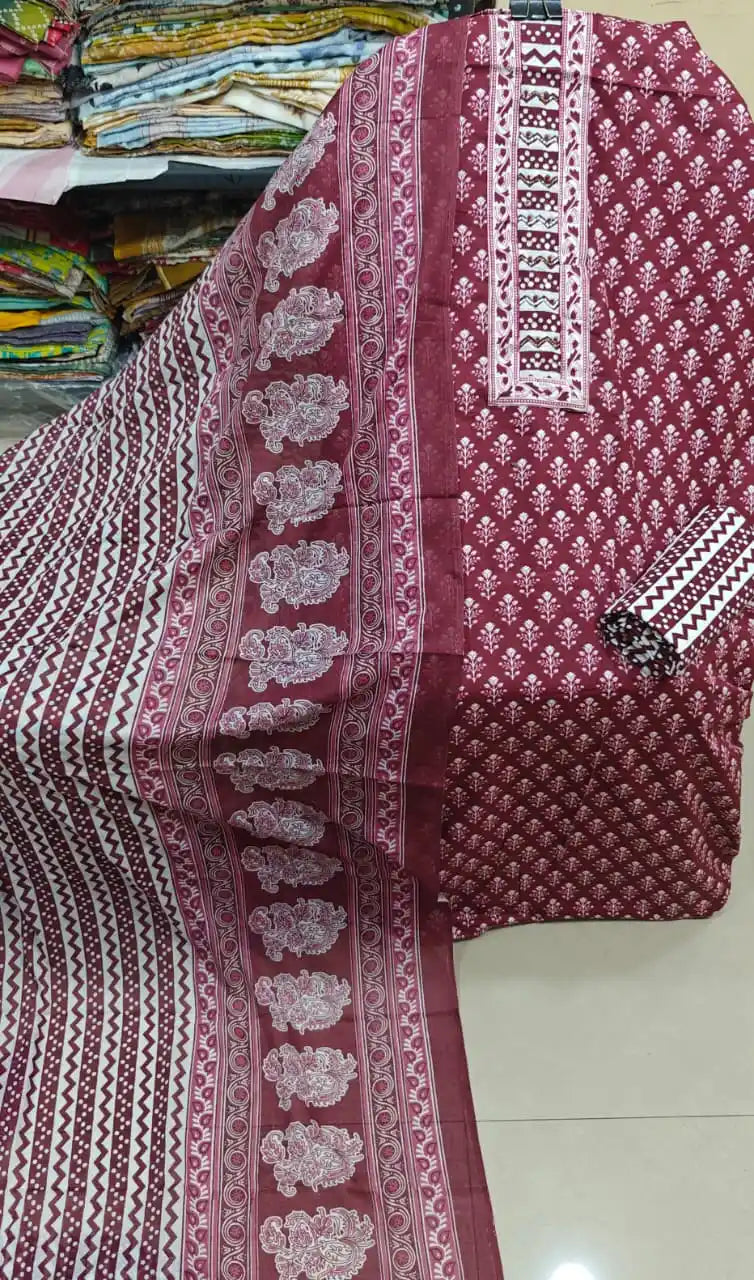 Burgundy Cotton Unstitched Suit Material with Traditional Zig-Zag Printed Dupatta