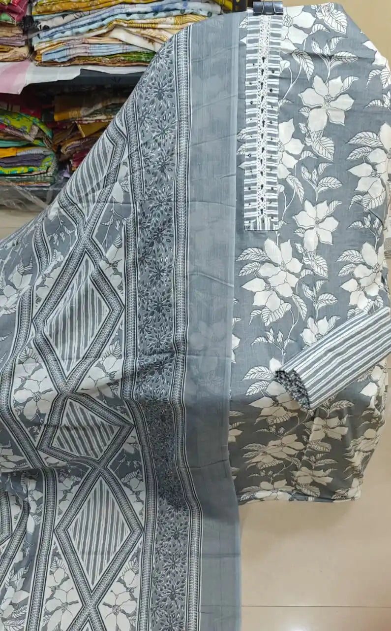 Slate Grey Blossom Print Unstitched Dress Material with Designer Stripe Bottom
