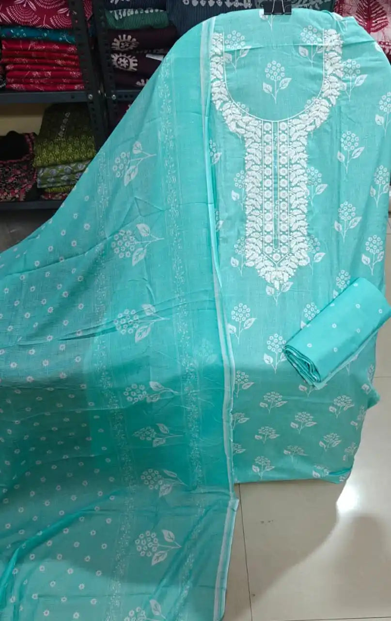Pastel Aqua Green Cotton Dress Material with Intricate Chikankari Style Embroidered Neck