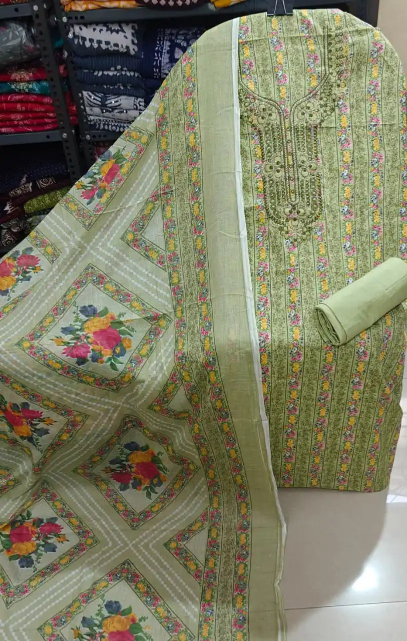 Beautiful pastel green unstitched salwar suit with block printed floral dupatta.