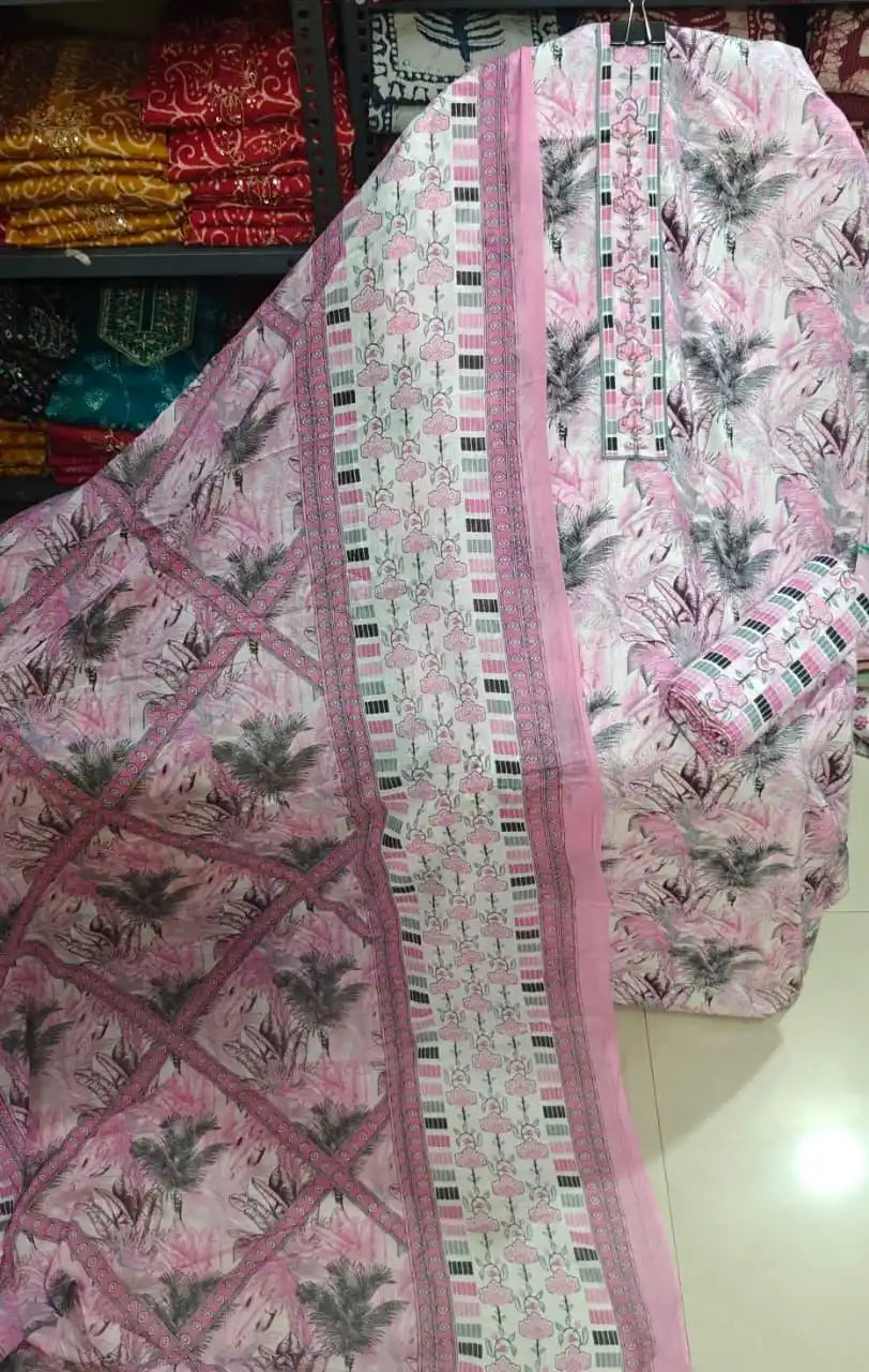 Pastel pink cotton unstitched suit set featuring dark grey palm leaf patterns and a printed neckline.