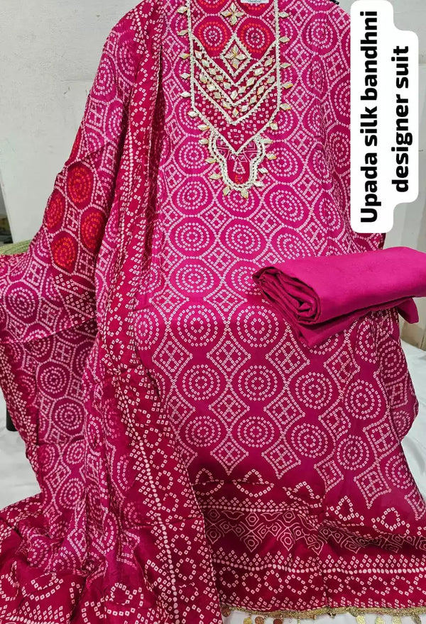 Upada Silk Bandhej Print Unstitched Suit With Neck Gota Work, Rayon bottom, Upada silk dupatta