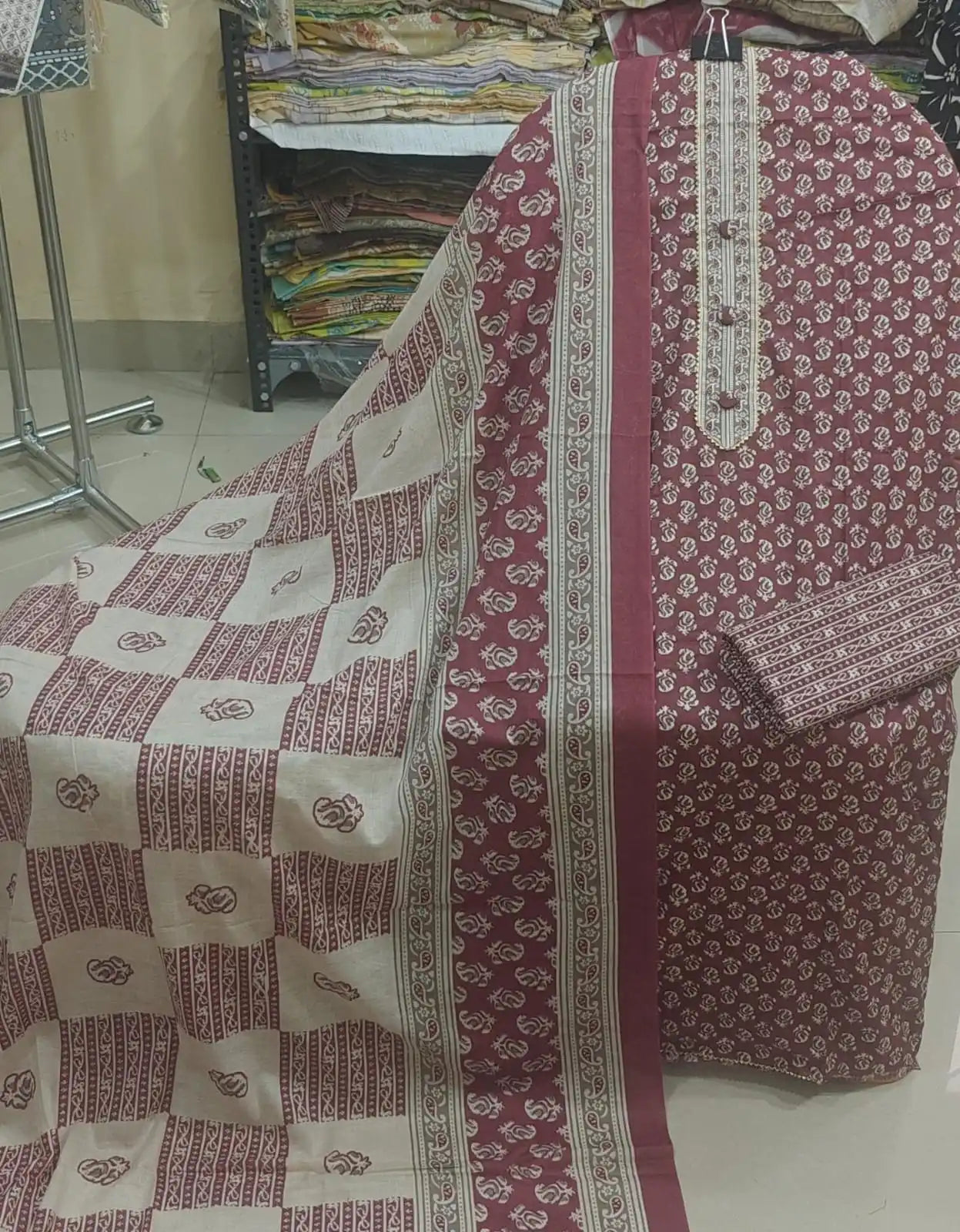 Maroon Neck Embroidery Cotton Unstitched Suit with Printed Dupatta by ASC