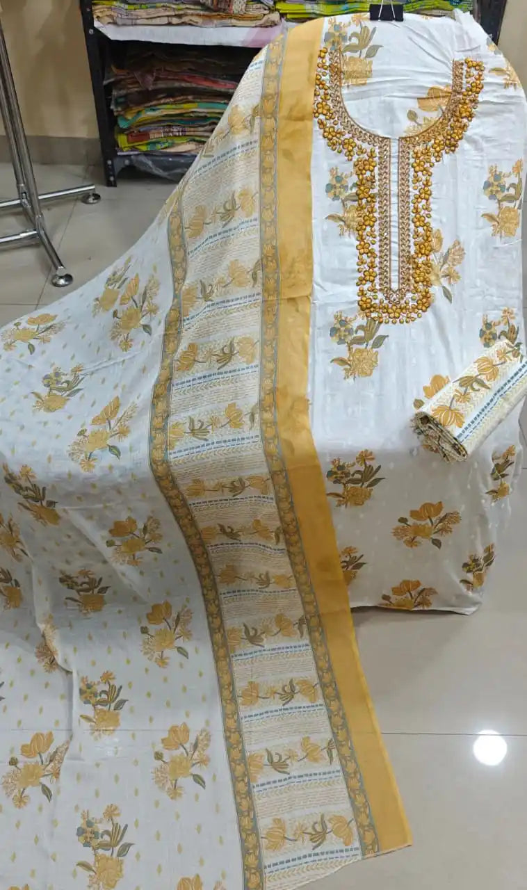 White Mustard Neck Embroidery Cotton Suit Dress Material by ASC