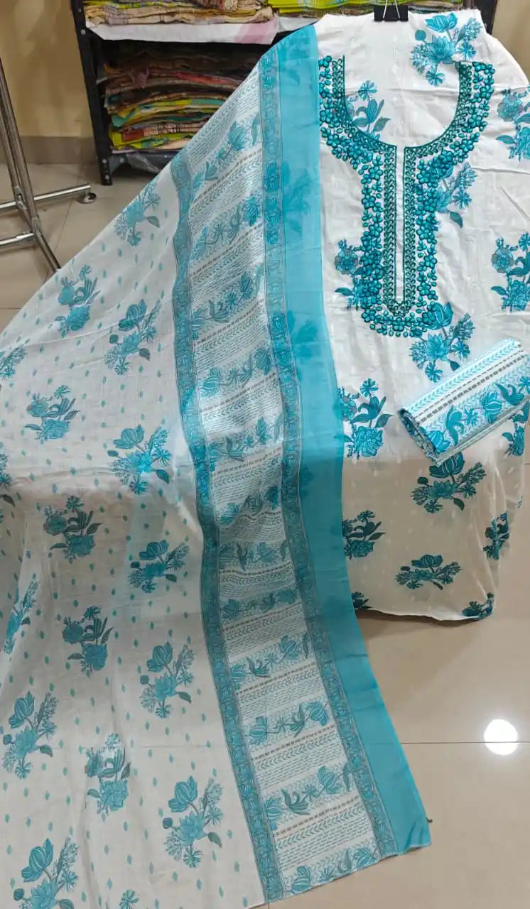 White Sky Blue Neck Embroidery Cotton Suit with Dupatta by ASC