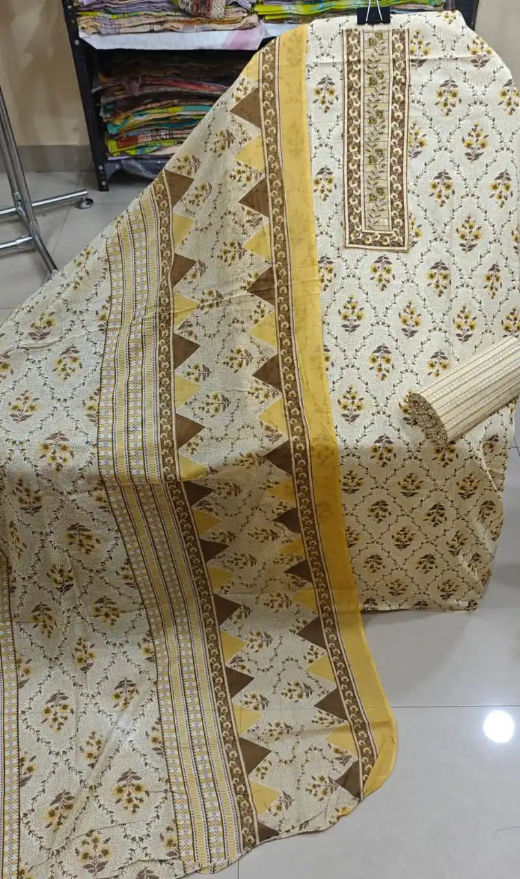Cream Mustard Cotton Suit with Neck Embroidery by ASC