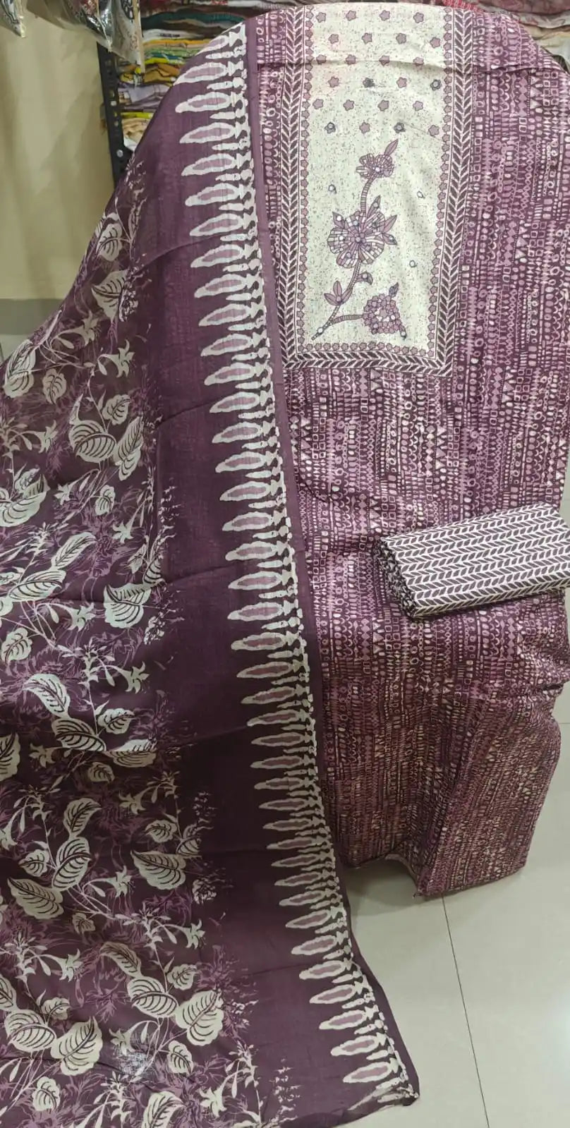Rich wine purple batik cotton suit set highlighting a contrasting cream panel with a single embroidered flower vine.