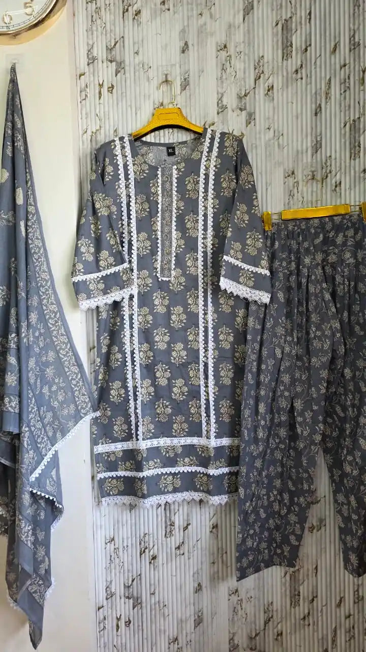 Elegant floral printed cotton salwar suit with white lace detailing by ASC Fashion Store