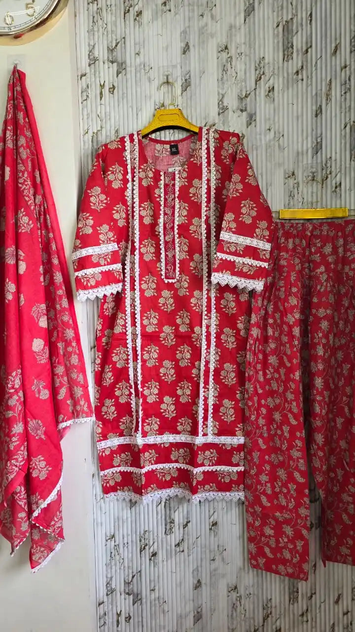 Elegant floral printed cotton suit with white lace detailing by ASC Fashion Store