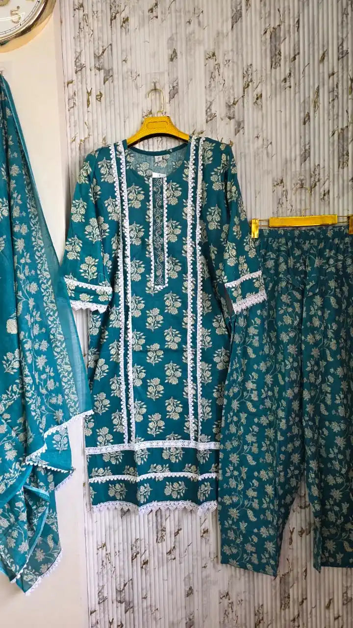 Royal Jaal lace salwar suit displayed with matching kurta, pant, and dupatta on a hanger.