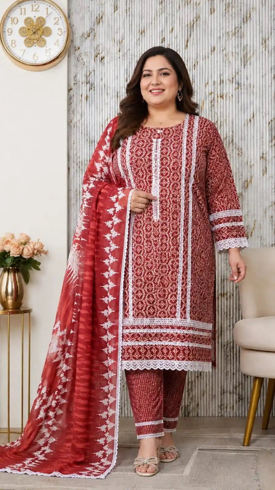 Pleated cotton jaal printed suit