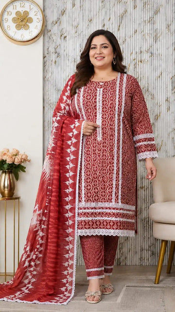 Pleated cotton jaal printed suit