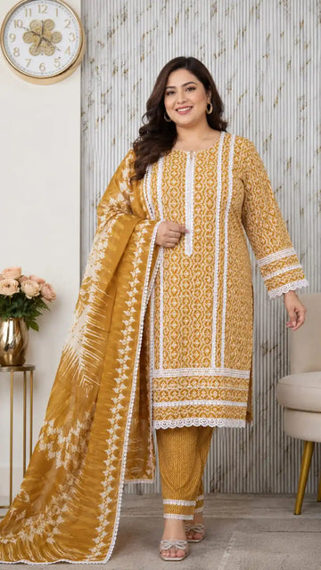 Classic Mustard Printed Lace Work suit