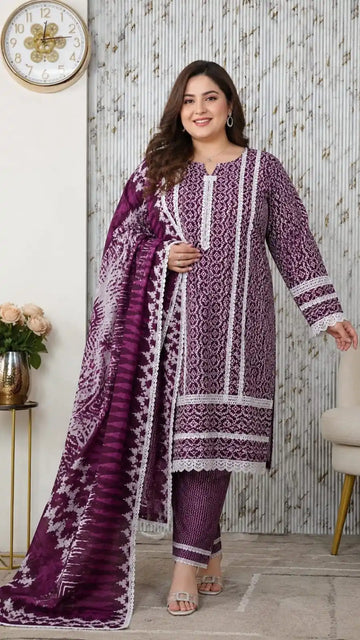 Wine Karachi Printed Cotton Suit with Dupatta