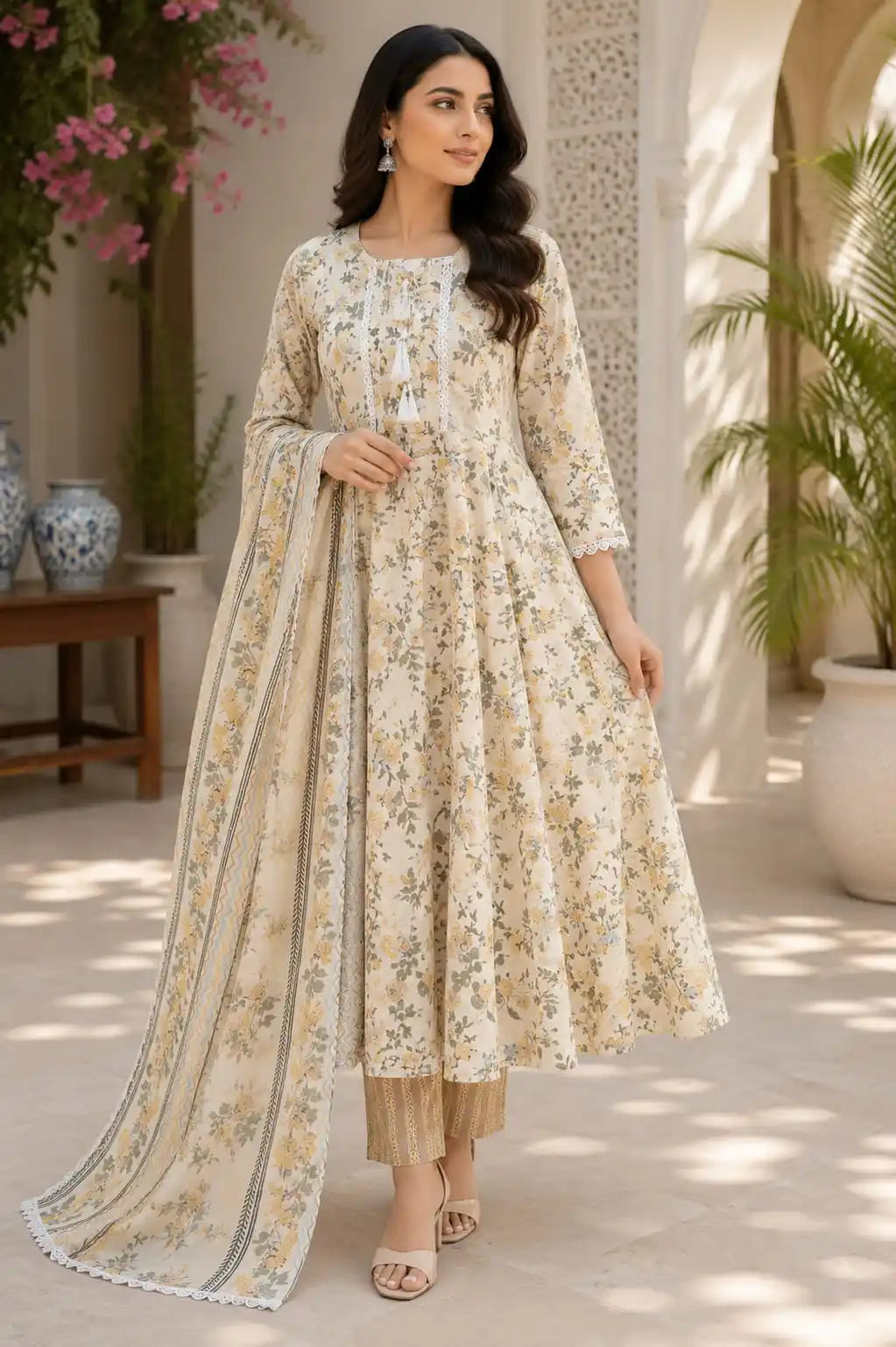 Anarkali Cotton Suit Set with Printed Dupatta By ASC