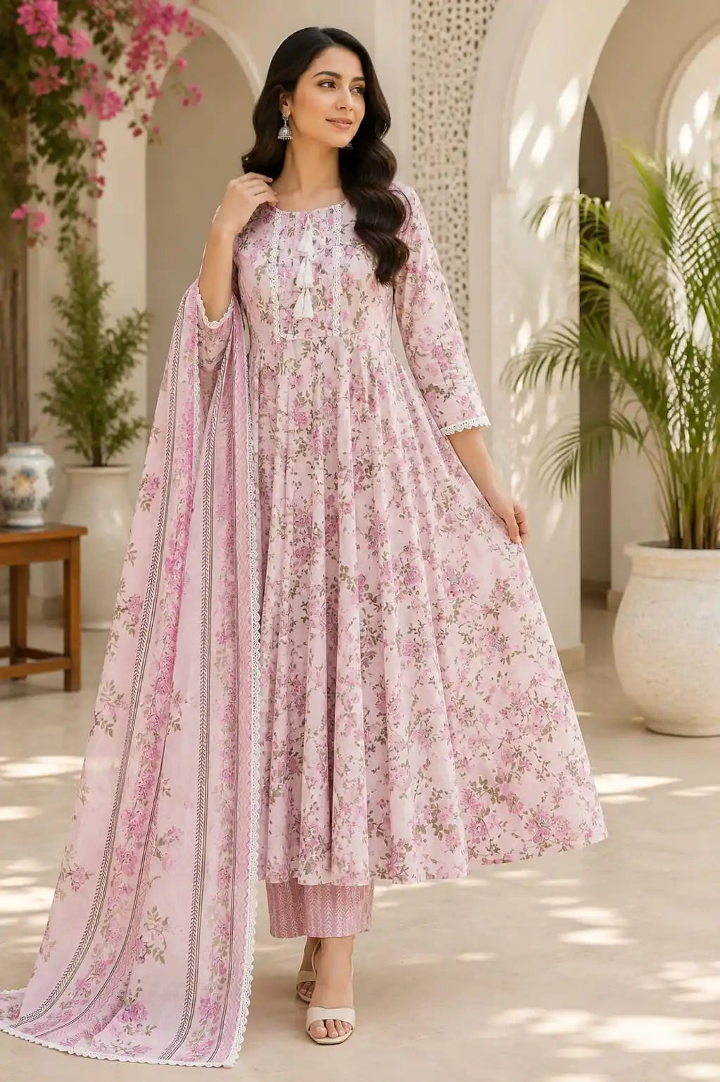 A-Line Cotton Gown Style Suit with Dupatta By ASC
